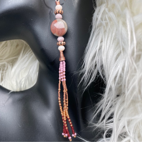 CCO REDUCED Elegant Gray And Pink Agate Beaded Dangle Fringe Earrings - Picture 7 of 15